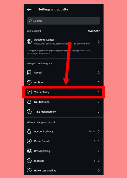 انتخاب اکتیویتی برای پیدا کردن لایک اینستاگرام
