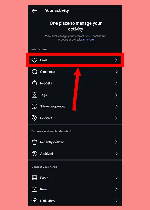 کلیک روی لایک تنظیمات اینستاگرام
